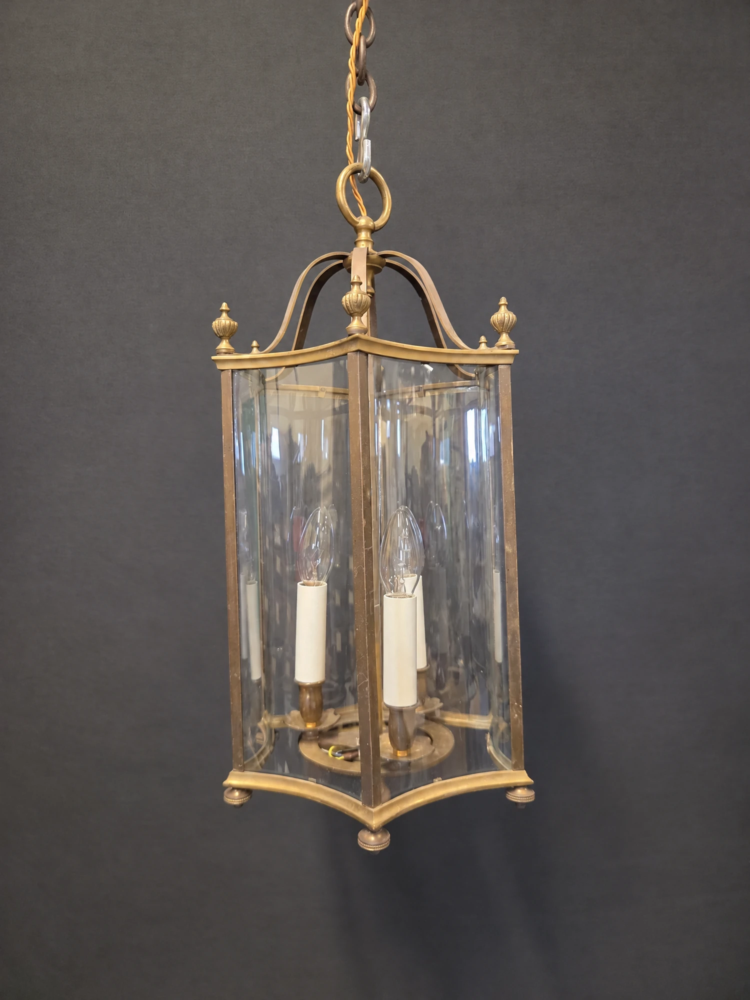 Hexagonal Brass Lantern with Curved Glass, c. 1970