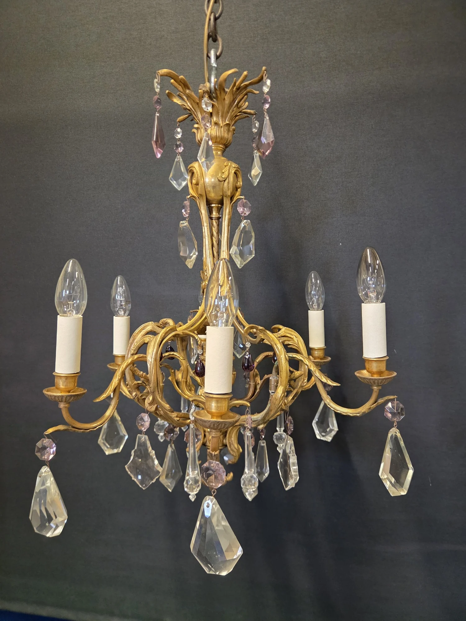 French Ormolu Chandelier with Coloured Glass Drops, c. 1900