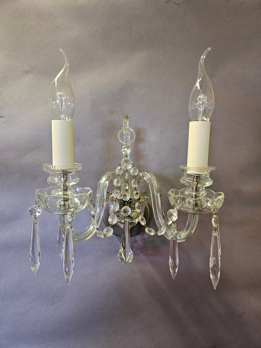 Set of 3 (plus 1 similar) twin-branch Czech glass wall lights, CA. 1950