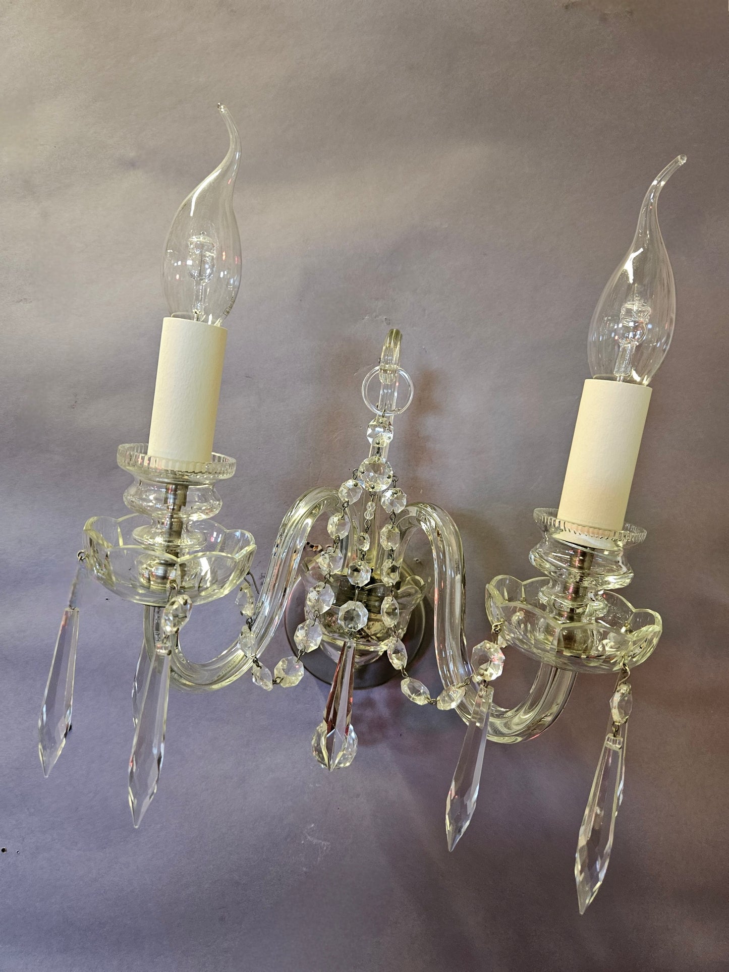 Set of 3 (plus 1 similar) twin-branch Czech glass wall lights, CA. 1950