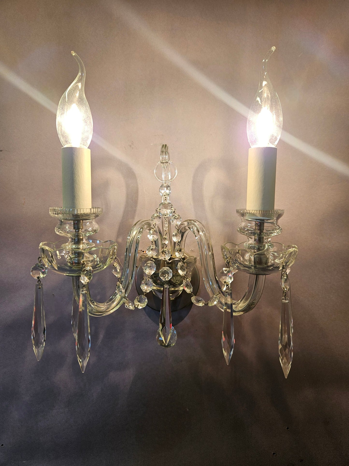 Set of 3 (plus 1 similar) twin-branch Czech glass wall lights, CA. 1950