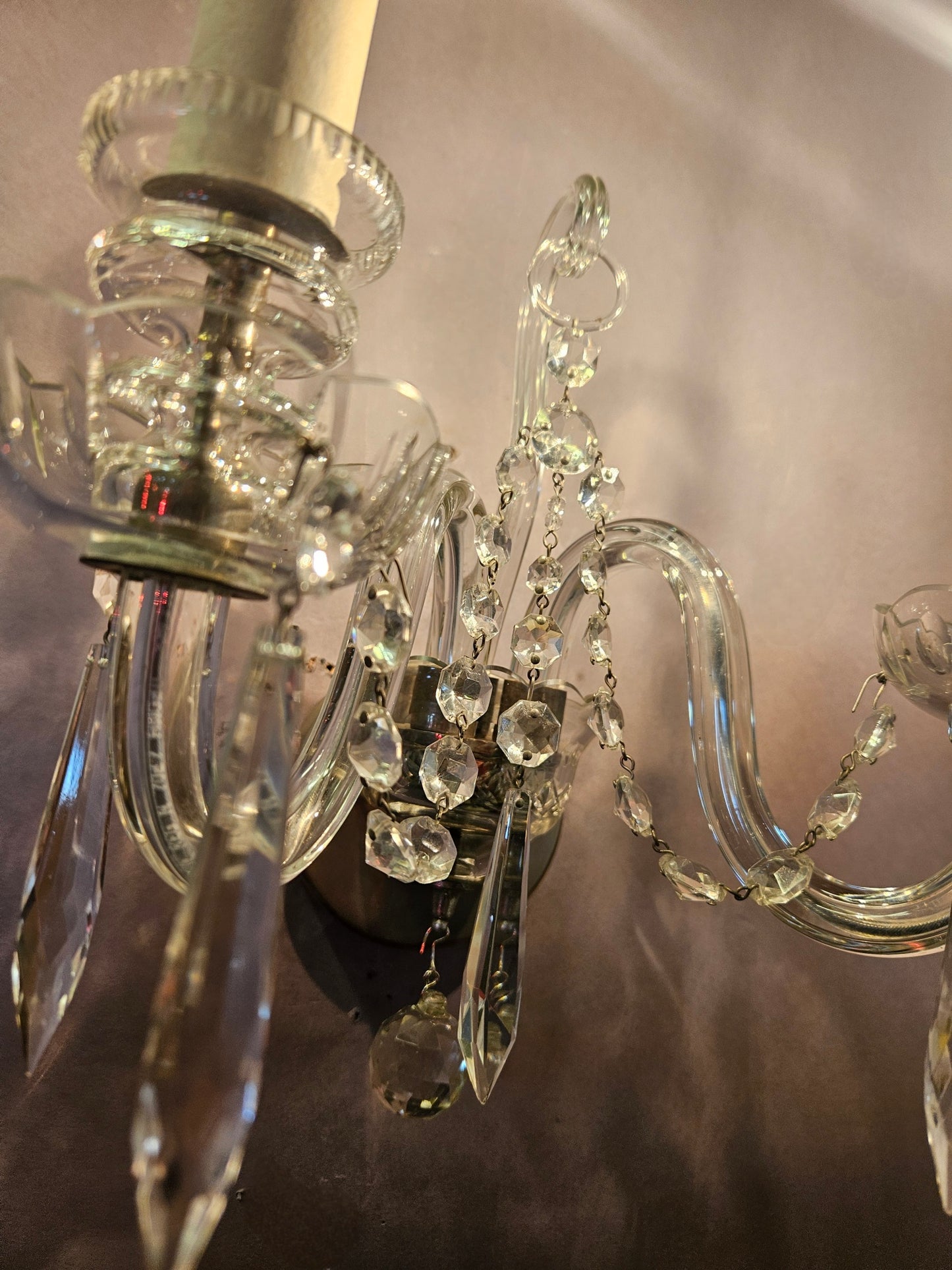 Set of 3 (plus 1 similar) twin-branch Czech glass wall lights, CA. 1950